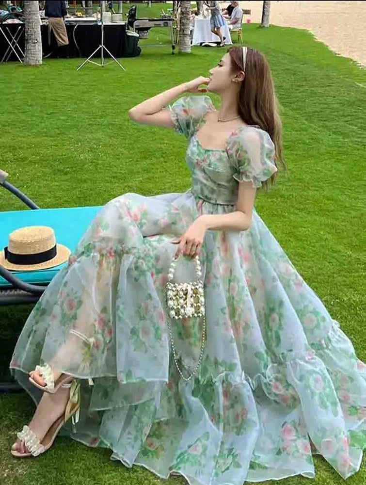 الفرنسية خمر فستان ميدي الأزهار النساء الأورجانزا أنيقة فستان حفلة غير رسمية الجنية فستان غير رسمي عطلة الأميرة المرأة الربيع 2023