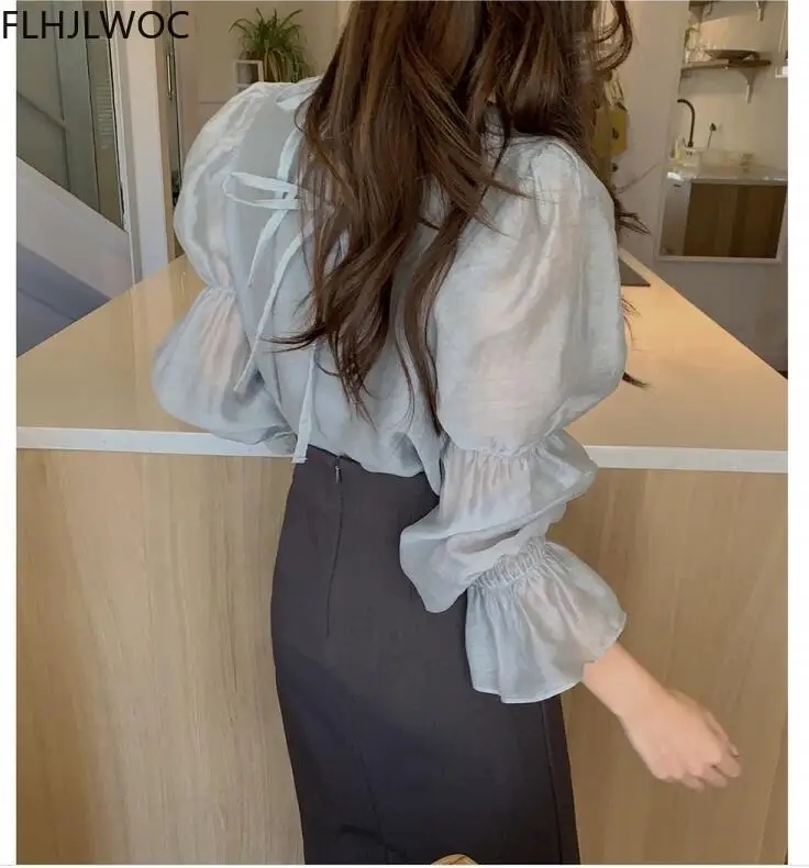 2021 الربيع Fenimine كوريا شيك القمم Blusas المرأة موضة مضيئة كم الصلبة الصليب كريسس قميص بلوزة للسيدات البلوزات