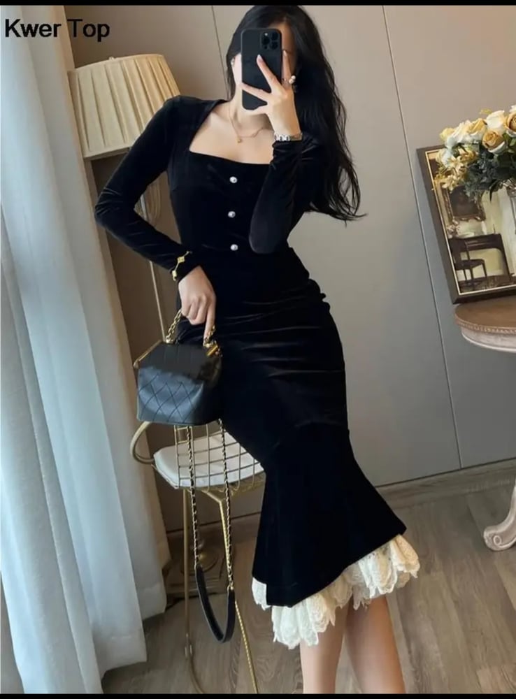 فستان مخمل Bodycon فستان حورية البحر أنيقة الدانتيل ا