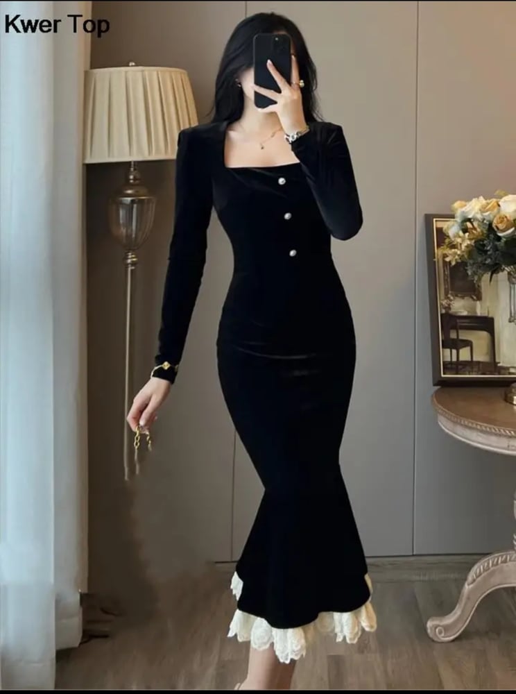 فستان مخمل Bodycon فستان حورية البحر أنيقة الدانتيل ا