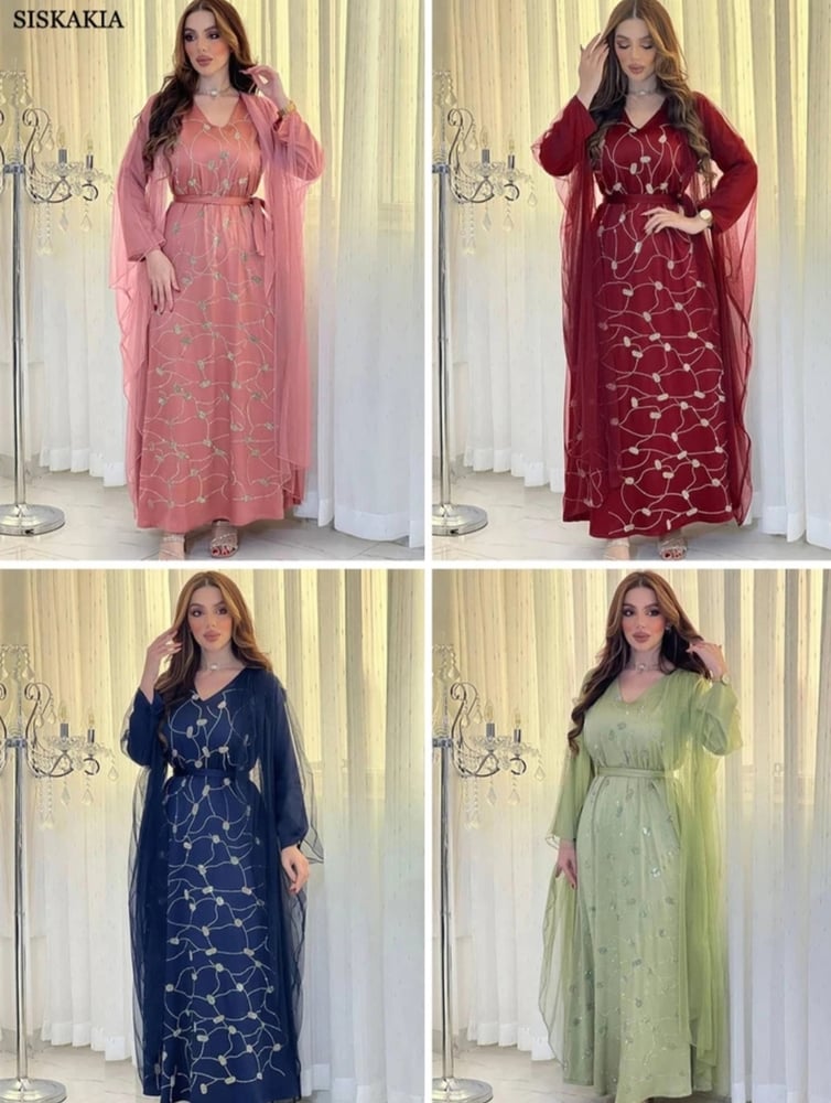 عباية نسائية شبكية برقبة على شكل حرف V للمسلمات ، بنمط عصري ، بوليستر ، وردي ، أخضر ، أزرق ، أحمر ، طويل ، صيفي ، ربيعي