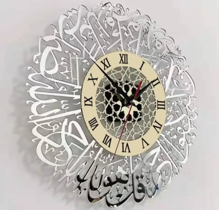 الاكريليك سورة آل Ikhlas ساعة الحائط الخط الإسلامي عيد ديكور ساعة الحائط الاكريليك مرآة الديكور ساعة ثلاثية الأبعاد الكوارتز الصامت