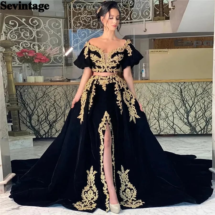 Sevintage-فستان حفلة موسيقية على شكل حرف a ، أكمام منتفخة ، زينة دانتيل ، فستان سهرة رسمي ، طول الأرض بشق عالي ، فساتين حفلات كافيتا