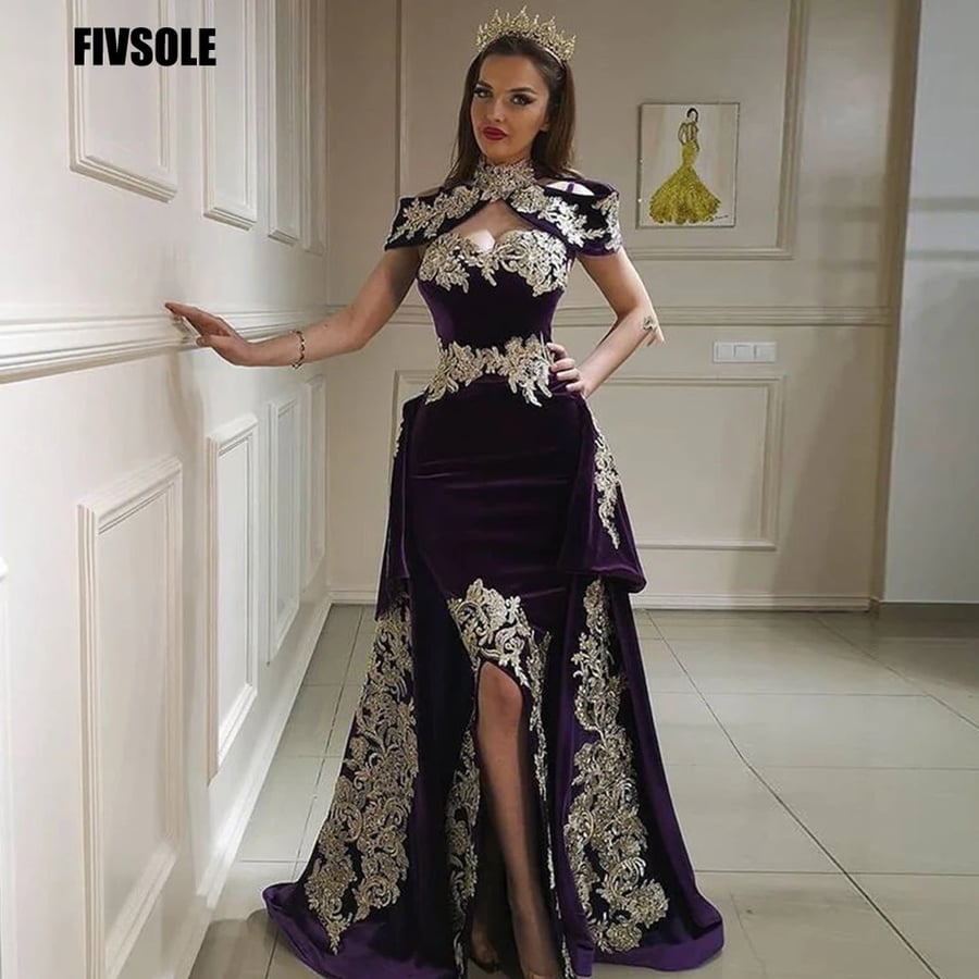 فستان سهرة من Fivsole من 4 قطع من المخمل قابل للإزالة تنورة عربية سبليت فساتين حفلات مزينة بالدانتيل شرابة رقبة عالية جزائرية