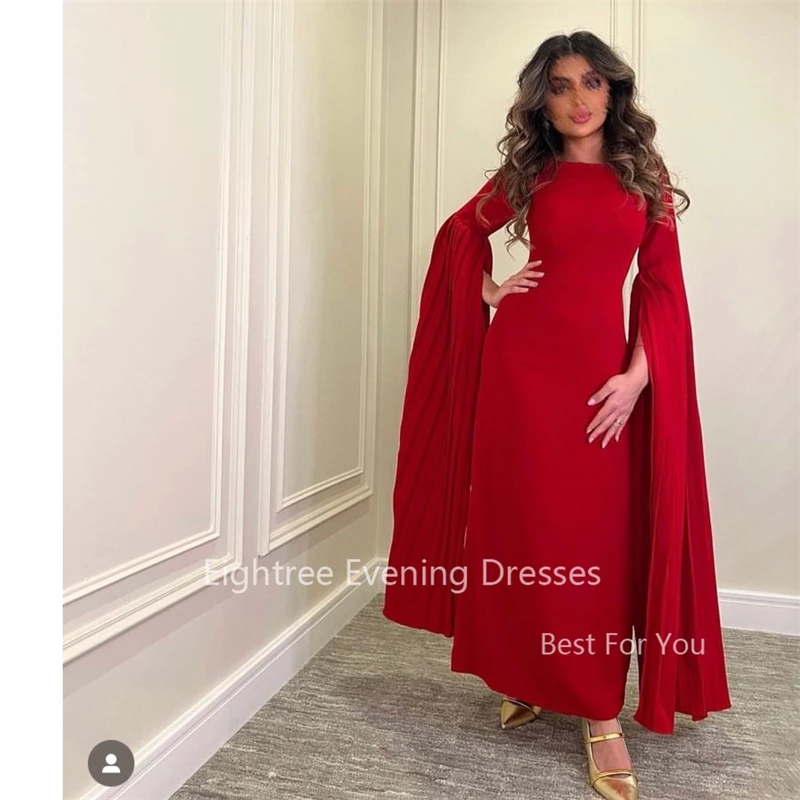 فساتين حفلة موسيقية حورية البحر حمراء من Eightree للنساء ، بسيطة ، الطيات المضيئة ، أكمام طويلة ، تمدد ، رقبة دائرية ، فساتين السهرة العربية ، فستان حفلة رسمي