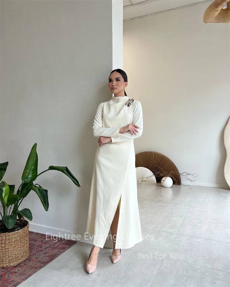 Eightree-فساتين سهرة أنيقة للنساء ، أبيض ، عربي سعودي ، أكمام طويلة ، خرز شق ، فساتين حفلة موسيقية ، رقبة عالية ، مناسبة رسمية ، فستان حفلات