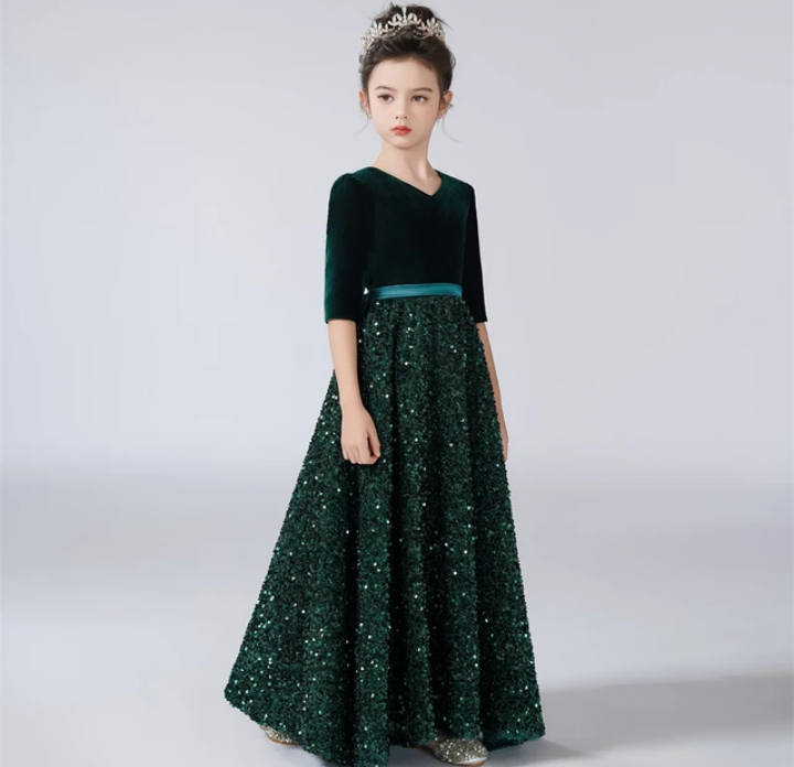 Dideydress-مطرز ثلاثة أرباع الأكمام لفتاة ، فساتين الأميرة الرسمية ، فساتين زهرة لامعة فتاة ، فستان عيد ميلاد للأطفال ، V-Neck