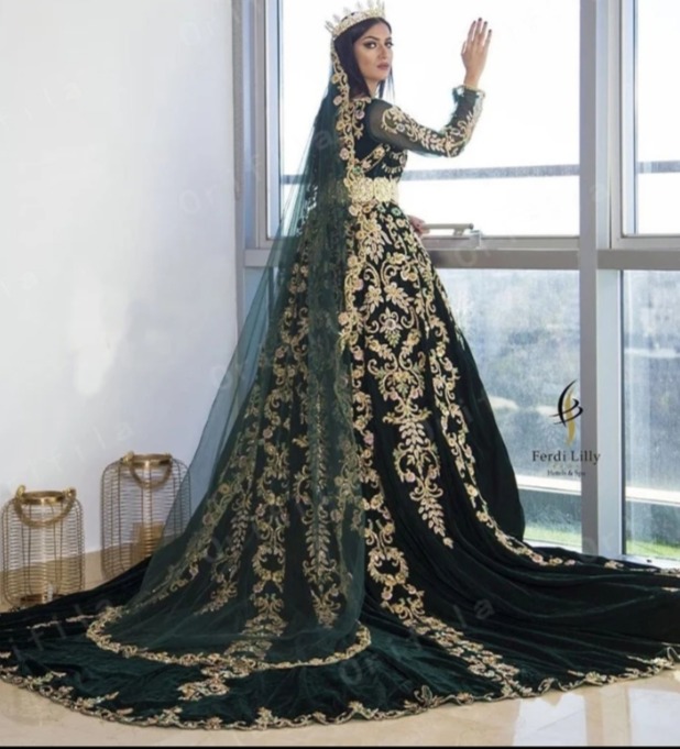 الشرق الأوسط العربية دبي فساتين زفاف إسلامية مع كم طويل 2023 هنتر الأخضر الذهب الدانتيل زين قفطان قفطان فستان زفاف