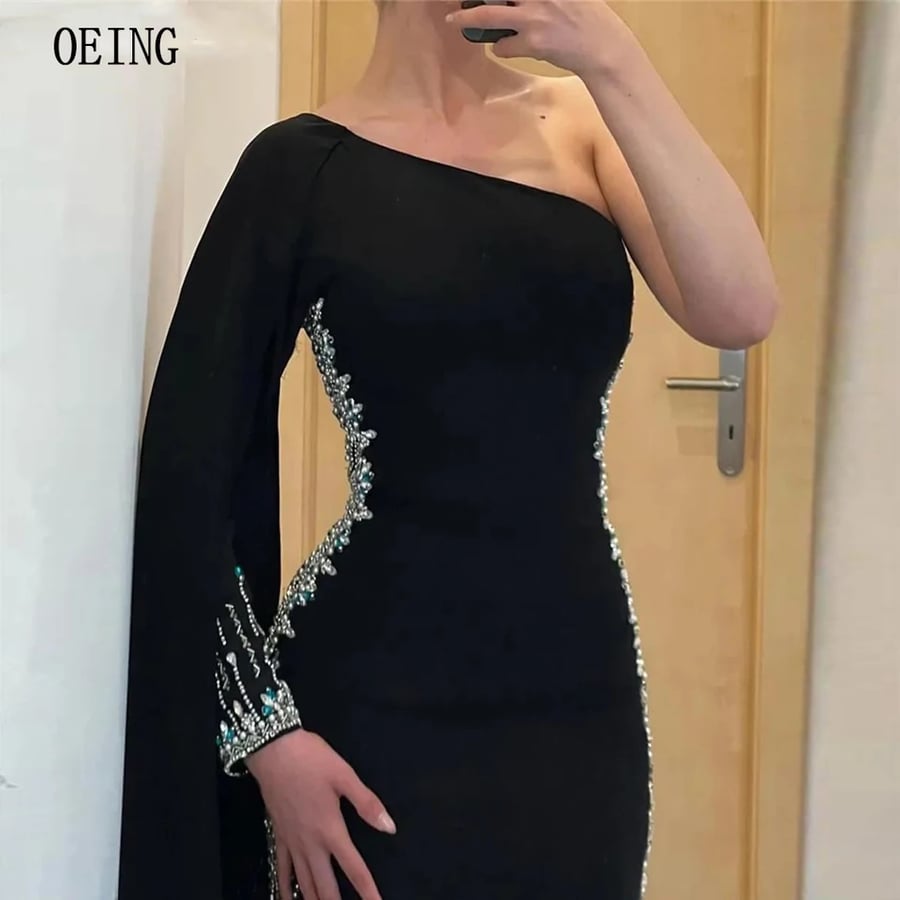 Oding-طول الكاحل فستان حفلة موسيقية سهرة ، فساتين حفلات ، خرز سباركلي ، كتف واحد ، مقاس كبير ، صنع حسب الطلب ، فاخر ، أسود ، مناسبة رسمية