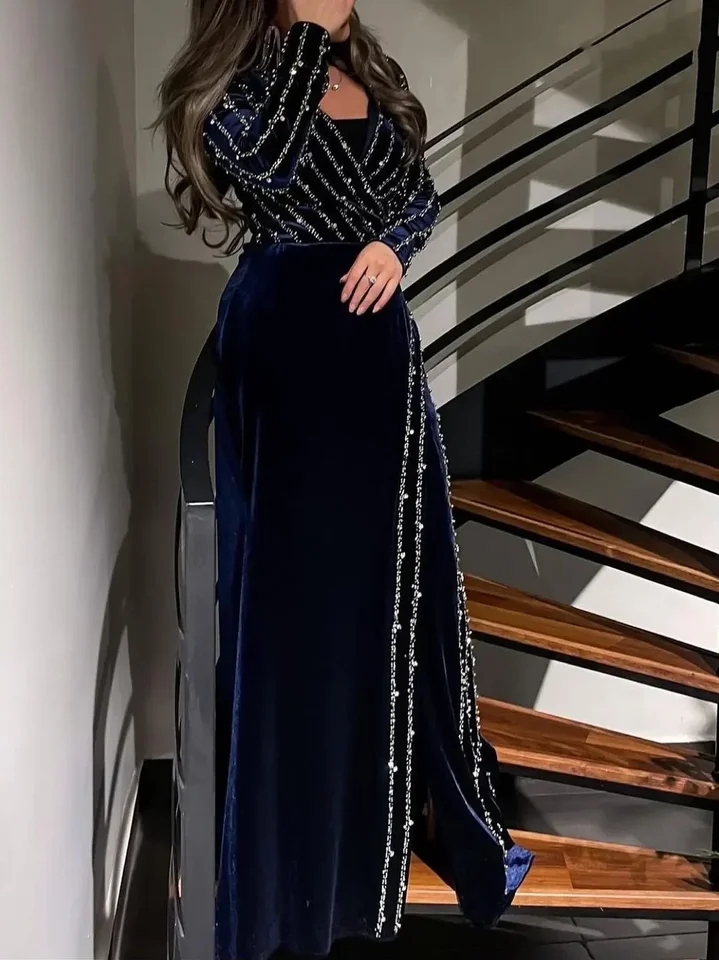 فساتين سهرة بحورية البحر بأكمام طويلة ، رقبة على شكل حرف V مثيرة ، خرز طويل ، مخمل ، مناسبة رسمية ، فساتين للحفلات الراقصة ، رائع
