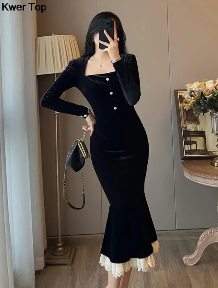 فستان مخمل Bodycon فستان حورية البحر أنيقة الدانتيل ا