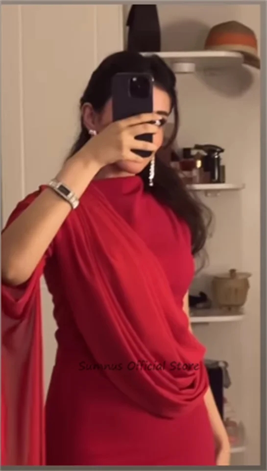 SUMNUS-فستان سهرة بحورية البحر ، رقبة عالية ، كتف واحد ، أكمام طويلة مضيئة رسمية ، فساتين حفلات دبي ، فساتين حفلات موسيقية خاصة حسب الطلب ، أحمر