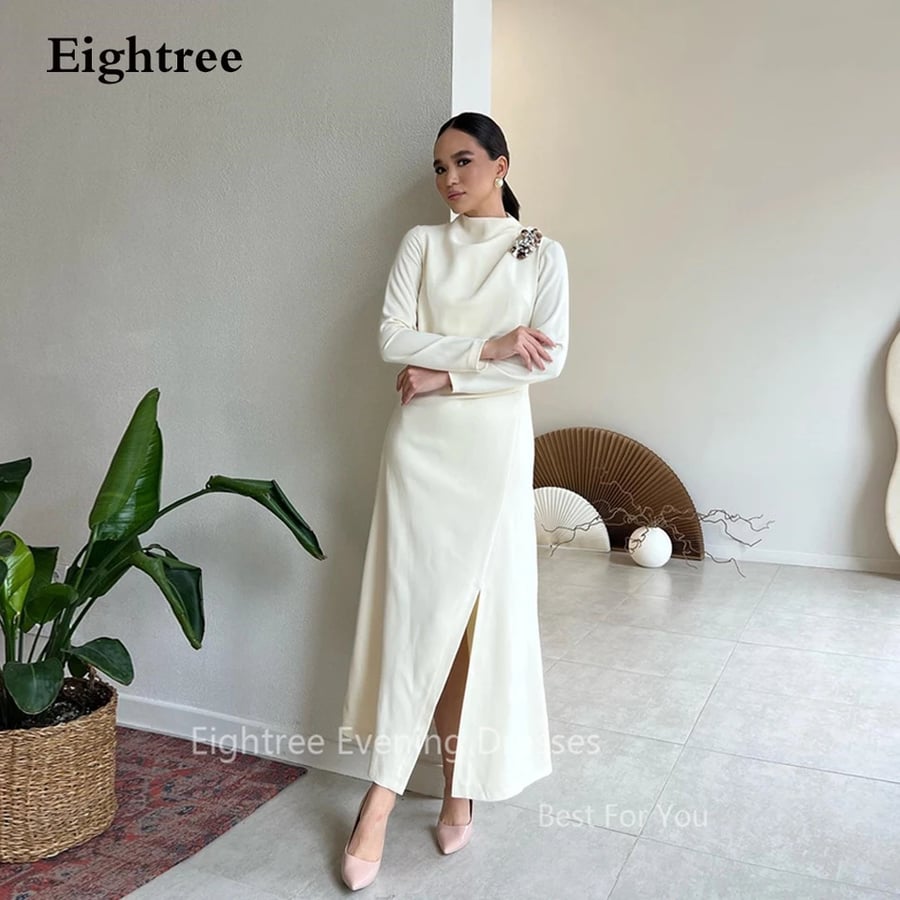 Eightree-فساتين سهرة أنيقة للنساء ، أبيض ، عربي سعودي ، أكمام طويلة ، خرز شق ، فساتين حفلة موسيقية ، رقبة عالية ، مناسبة رسمية ، فستان حفلات