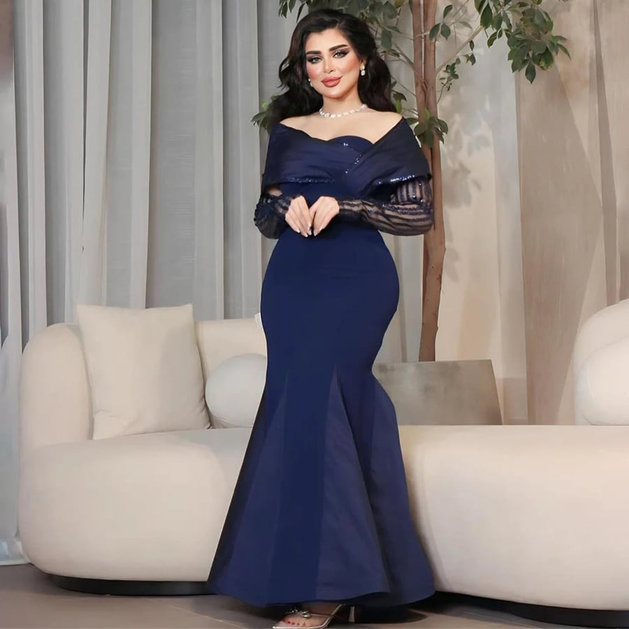 فستان نسائي بأكمام طويلة مكشوف الأكتاف ، فستان حفلة موسيقية عاري الظهر ، فساتين سهرة ساحرة ، وهم البوق