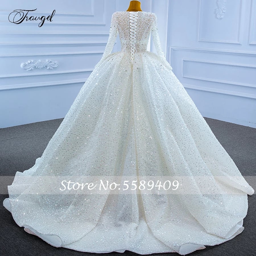 فساتين زفاف الأميرة من Traugel برقبة دائرية وأكمام طويلة من Vestido De Novia مطرز بالكريستال الساحر اللامع رداء De Mariee
