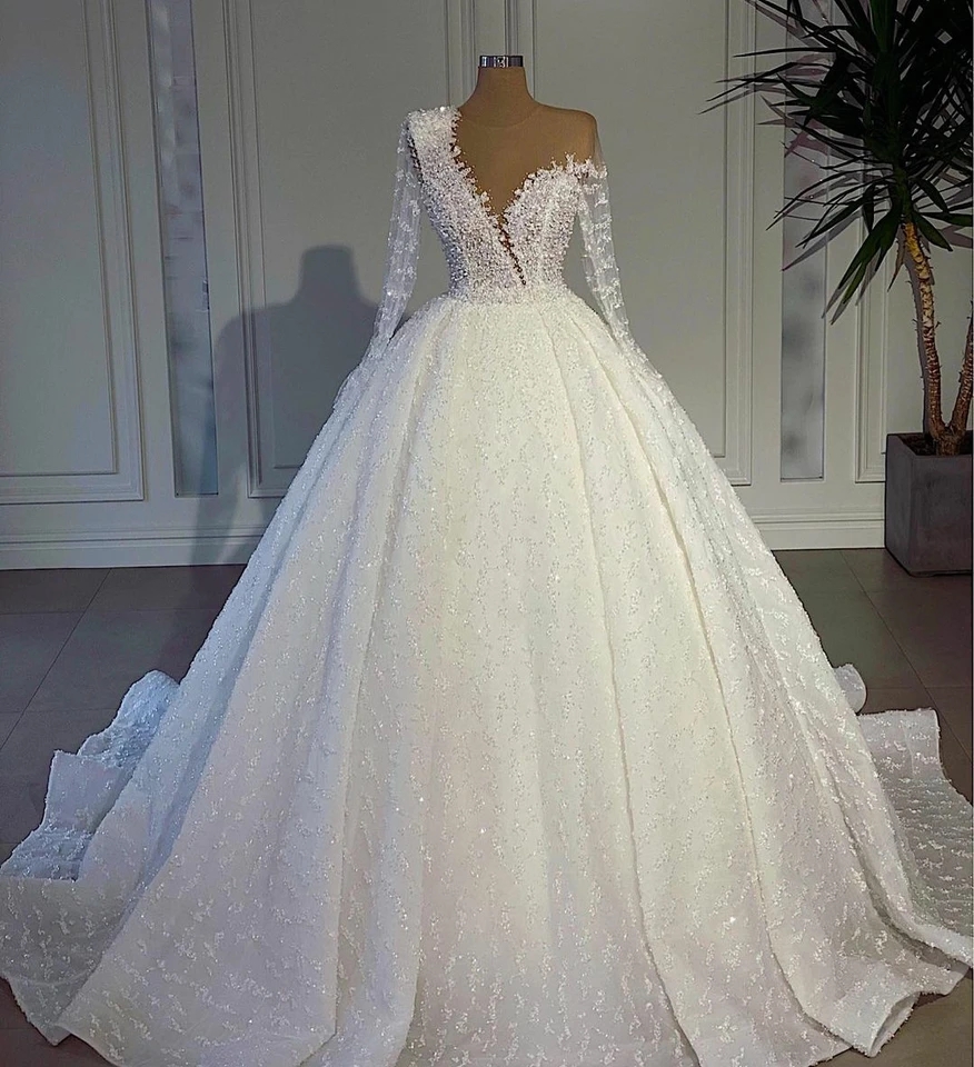 مطرز فساتين زفاف رقبة شفافة دانتيل كم طويل زي العرائس العربية دبي مطرزة مقاس كبير vestido de novia