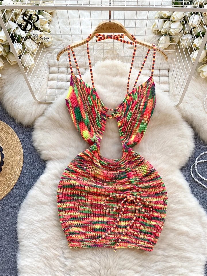 فستان قصير بحمالة رباط للنساء من SINGREINY ، فستان ضيق مجوف للسيدات ، ضيق برباط ، فستان محبوك بحزام ، حار ، أوروبي ، أوروبي
