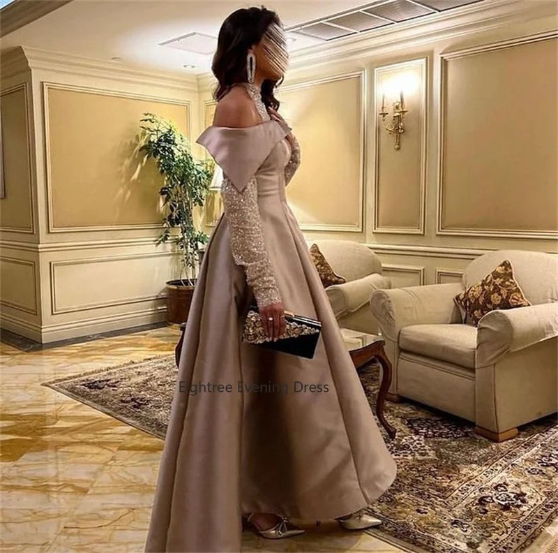Eightree-Dubai فساتين حفلة موسيقية وردية مغبرة ، وأكمام طويلة لامعة ، وصمة عار طويلة ، فستان سهرة مغبر ، فساتين حفلات ، فساتين عربية