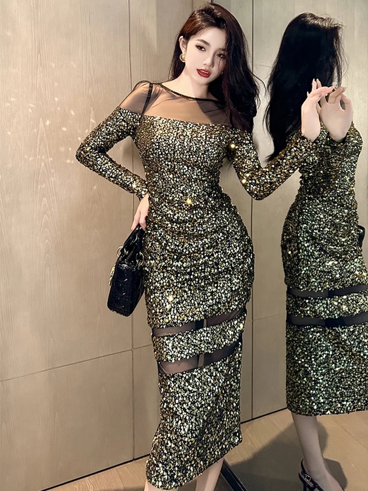 المرأة لامعة الترتر شير شبكة فستان Bodycon ، خمر فستان سهرة ، حفلة موسيقية ثوب ، نمط مشرق ، احتفال رائع ، والأزياء