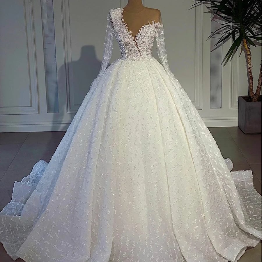 مطرز فساتين زفاف رقبة شفافة دانتيل كم طويل زي العرائس العربية دبي مطرزة مقاس كبير vestido de novia