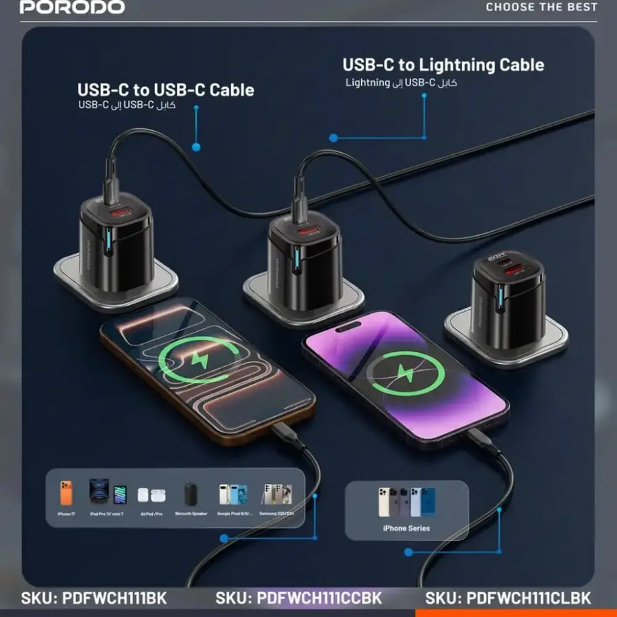 شاحن جداري منفذين تايب سي + يو اس بي 20 واط ماركة PORODO