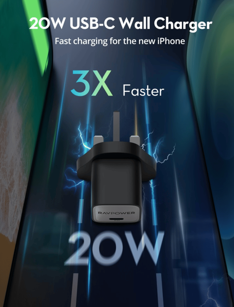 راف باور شاحن جداري بمنفذ USB C بقوة 20 واط أسود