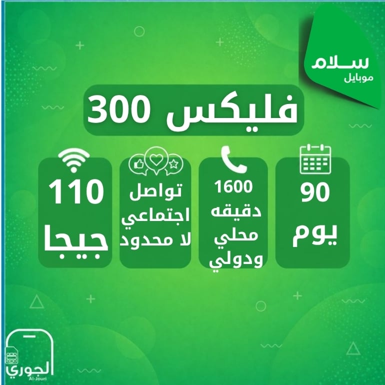 سلام سوبر فليكس 300 ( 110 جيجا + سوشال ميديا لامحدود + 1600 اتصال محلي او دولي لمدة 90 يوم )