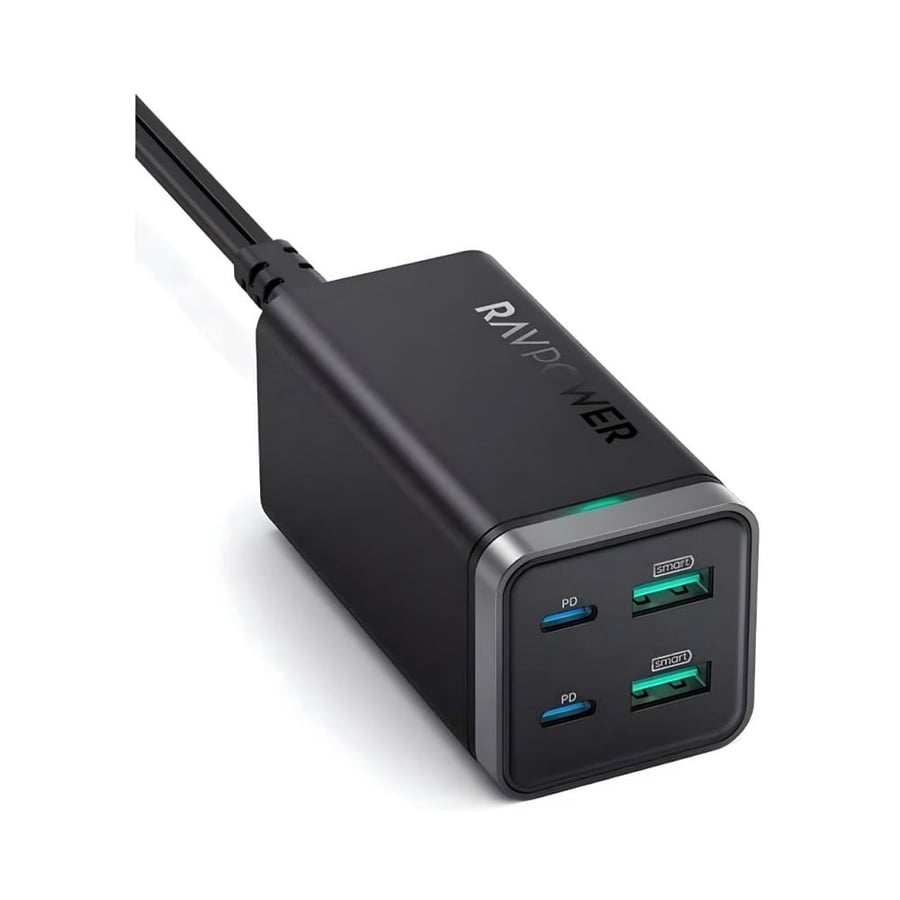 راف باور | منصة شحن مكتبية 65 واط GaN بمنفذين تايب سي ومنفذين USB - اسود