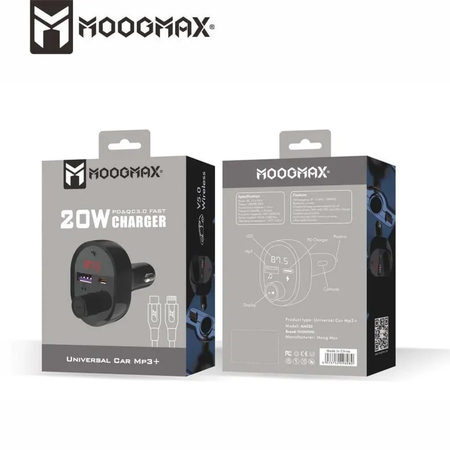 موج  ماكس - مشغل MP3 للسيارة يدعم البلوتوث والشحن السريع منفذين (PD 20W + QC3.0) مع كيبل ايفون تايب سي بطول متر