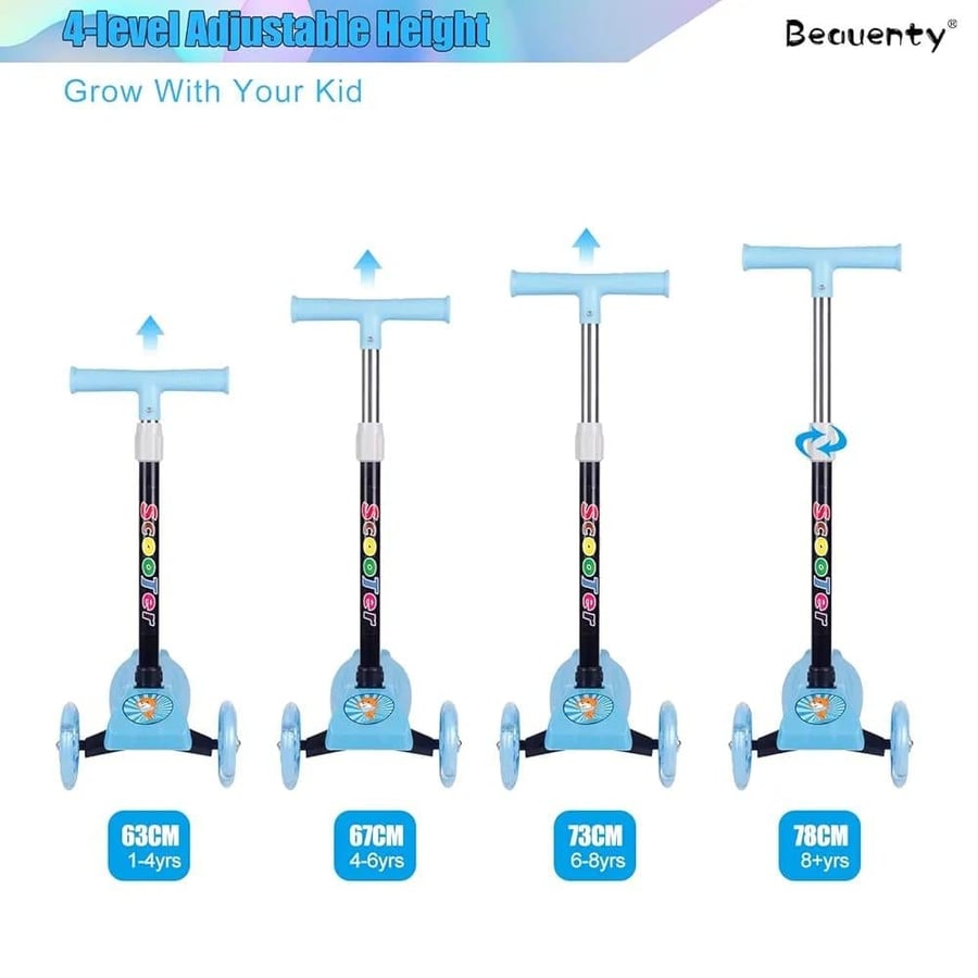 Children's scooter with three wheels, four colors, and distinctive