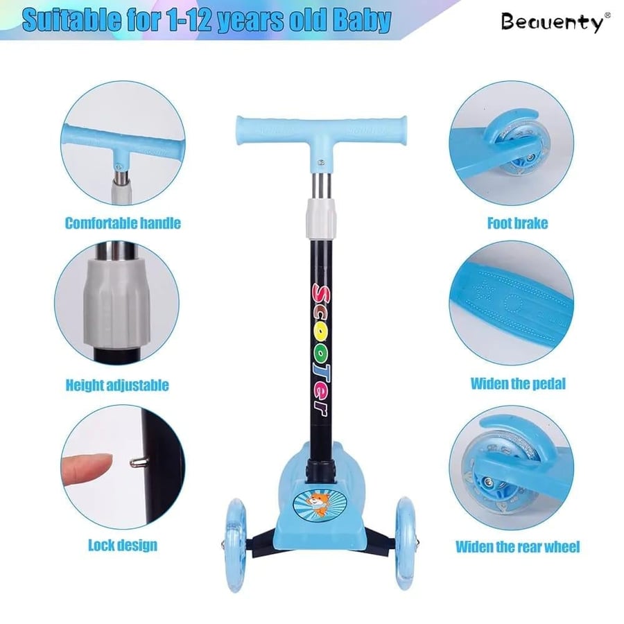 Children's scooter with three wheels, four colors, and distinctive