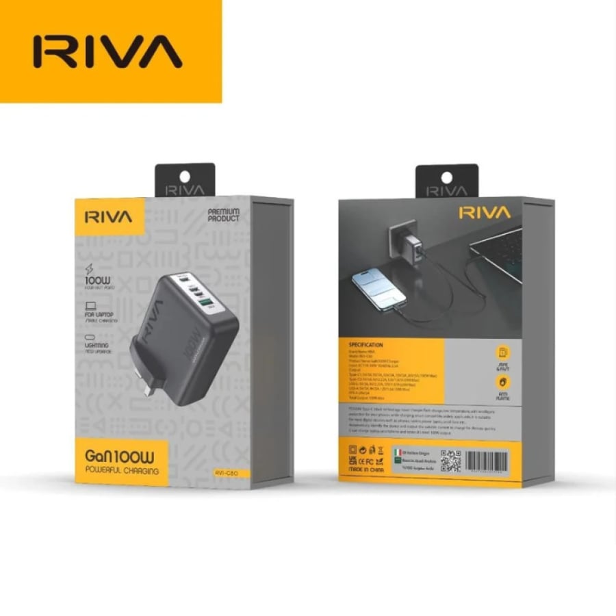 شاحن جداري سريع GaN بقدرة 100 واط و4 منافذ – AV1-C80 من RIVA