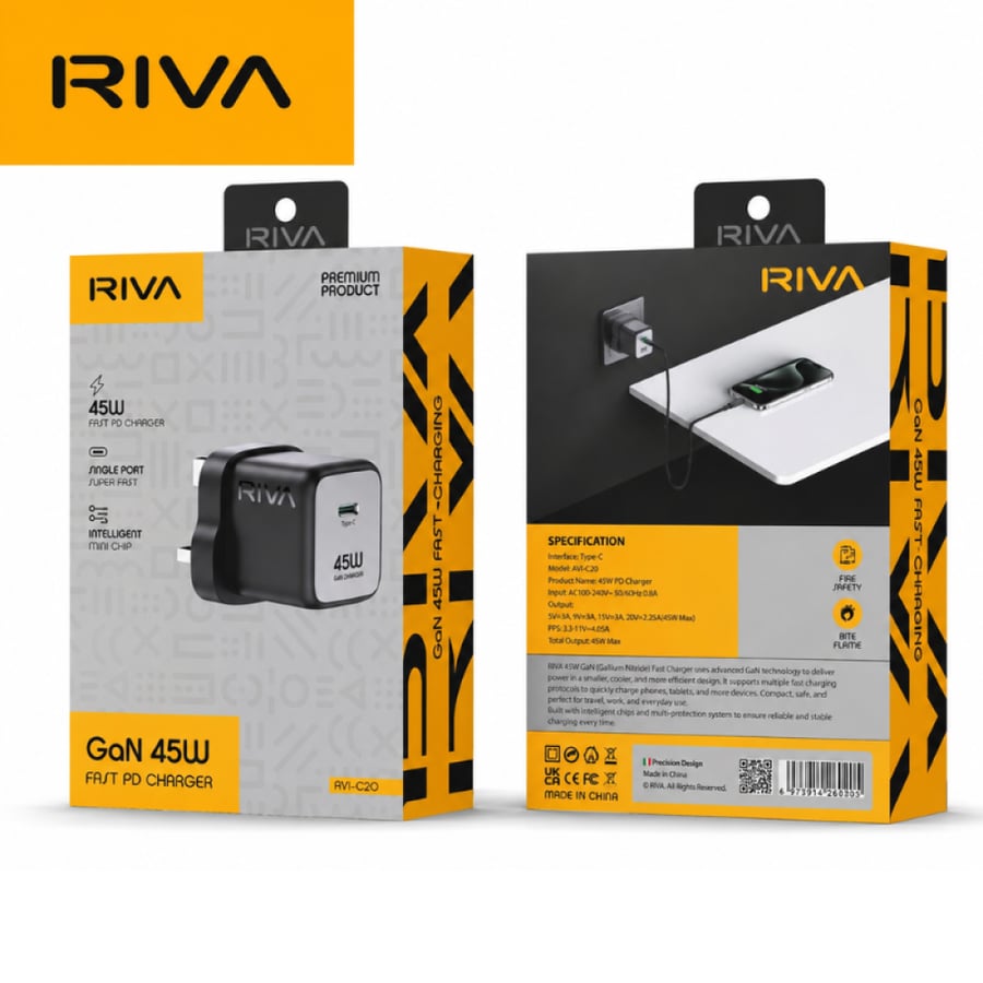 شاحن جداري سريع GaN بقدرة 45 واط ومنفذ Type-C م/RIVA- AV1-C40