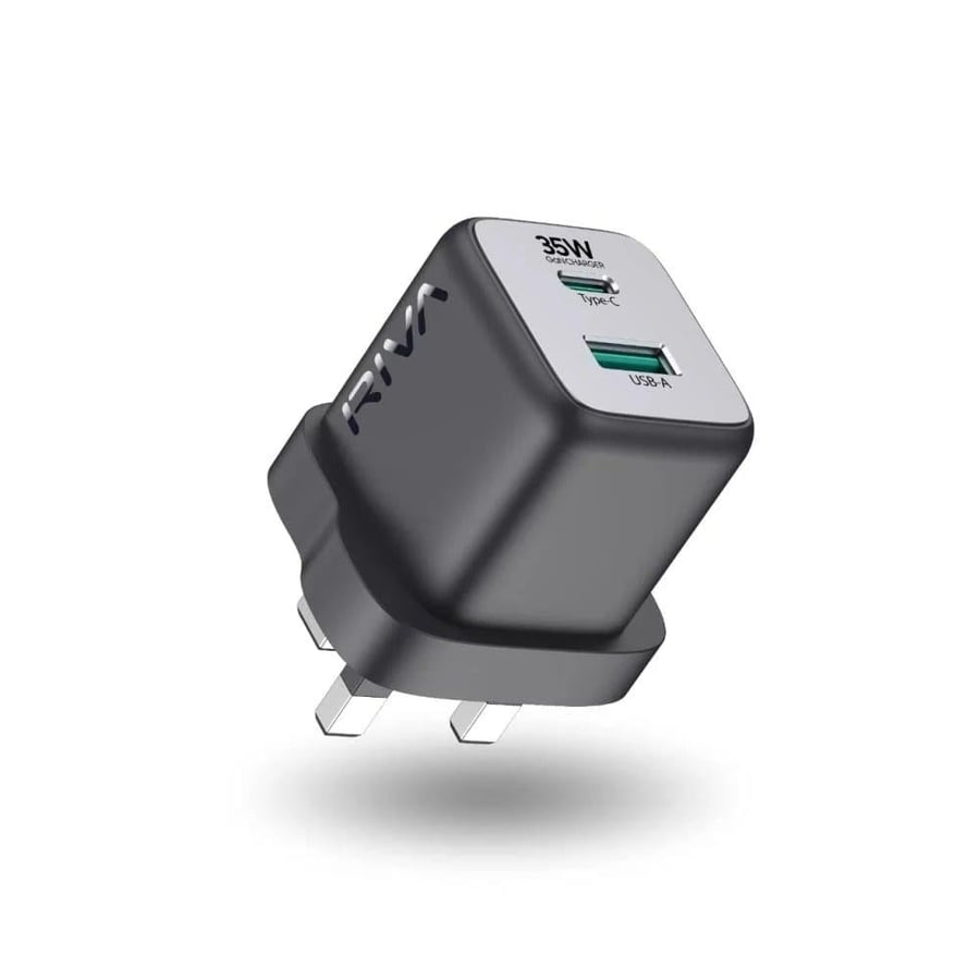 شاحن جداري سريع GaN بقدرة 35 واط ومنفذي Type-C وUSB-A – AV1-C30 من RIVA