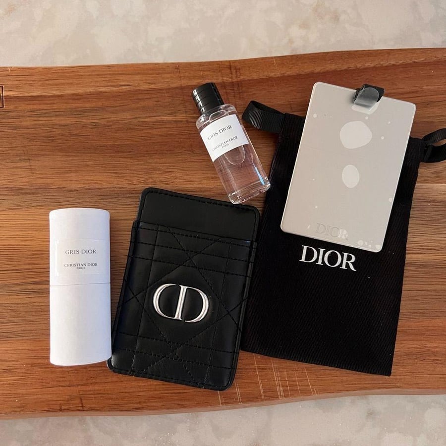 Luxury leather card holder with Dior mirror, with pouch and box