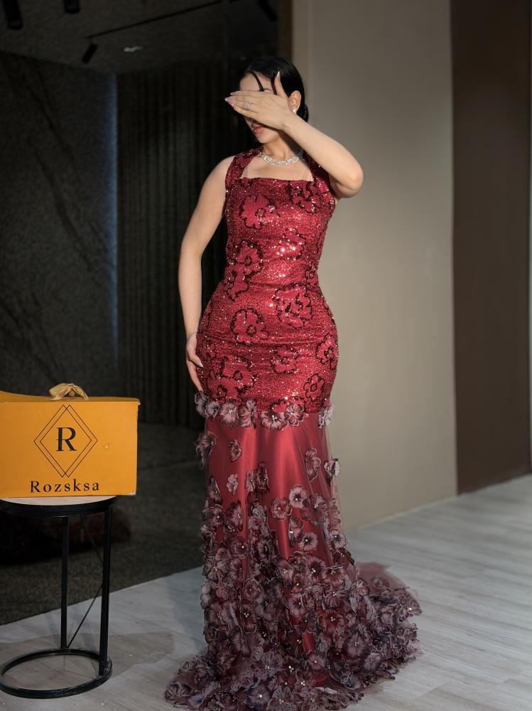 Red evening dress with roses