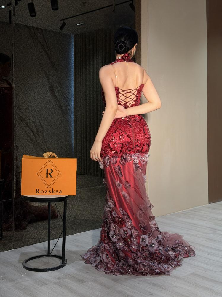 Red evening dress with roses