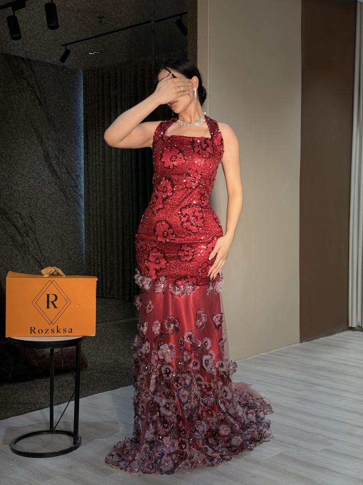 Red evening dress with roses