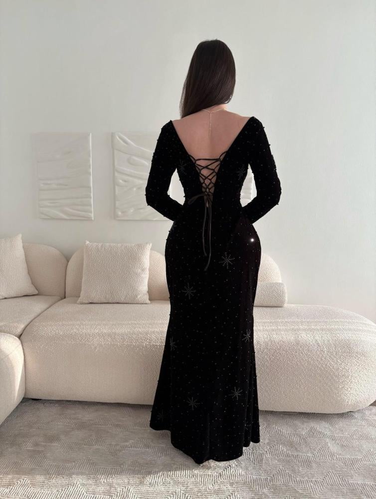 فستان أسود ليلي مخمل ناعم