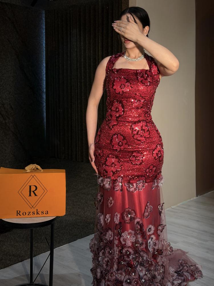 Red evening dress with roses