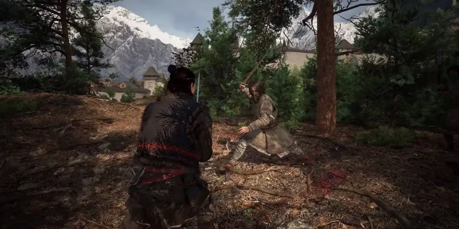 لقطة شاشة من داخل لعبة The Blood of Dawnwalker توضح القتال بالسيف والم