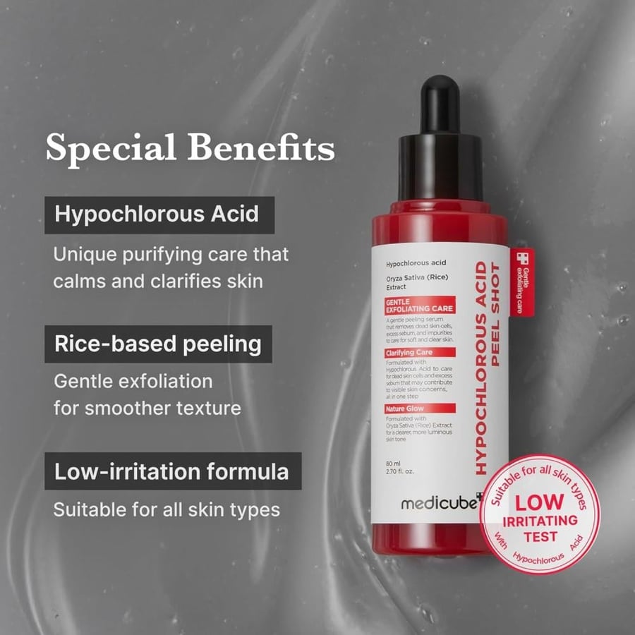 Medicube Hypochlorous Acid Rice Peel Shot مقشر الأرز وحمض الهيبوكلوروز لتنقية المسام وتنعيم ملمس البشرة بلطف.