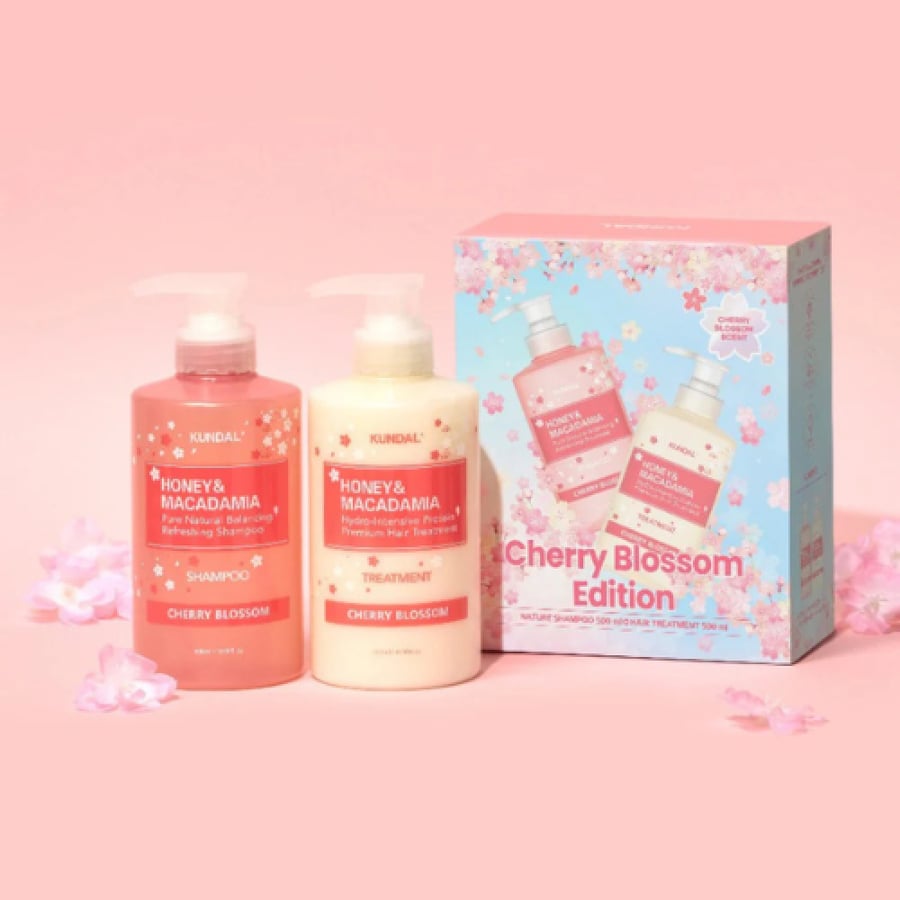 KUNDAL CHERRY BLOSSOM EDITION HONEY MACADAMIA SHAMPOO 500ML TREATMENT 500ML ثنائي إصدار زهور الكرز - لشعر حريري ورائحة لا تُنسى