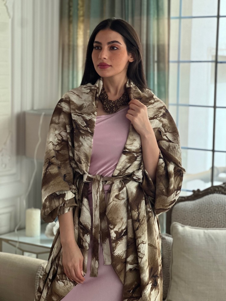 كارديغان مشجر بني وترابي وابيض بحزام