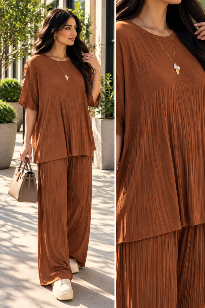 طقم فضفاض بني بنطلون وبلوزه فري سايز يلبس من S الى 2XL