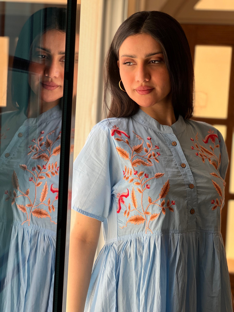 Sky blue cotton dress embroidered with colorful threads, very cool and lightweight, size 23