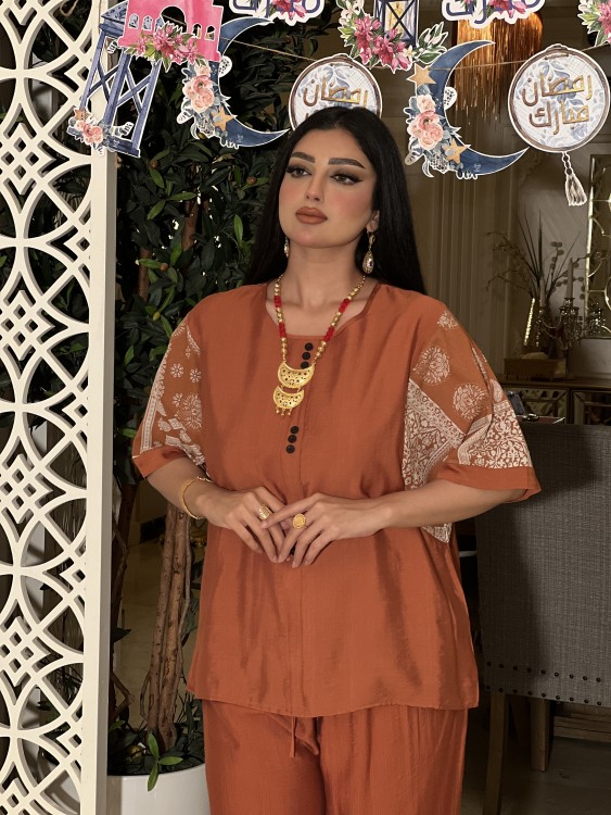 طقم اورانج أسود بنطلون وبلوزه لينن خفيف وبارد وعملي وأنيق