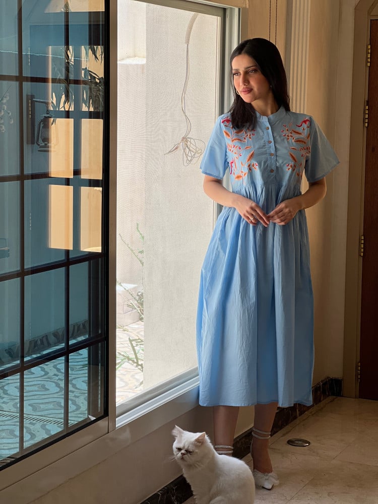 Sky blue cotton dress embroidered with colorful threads, very cool and lightweight, size 23