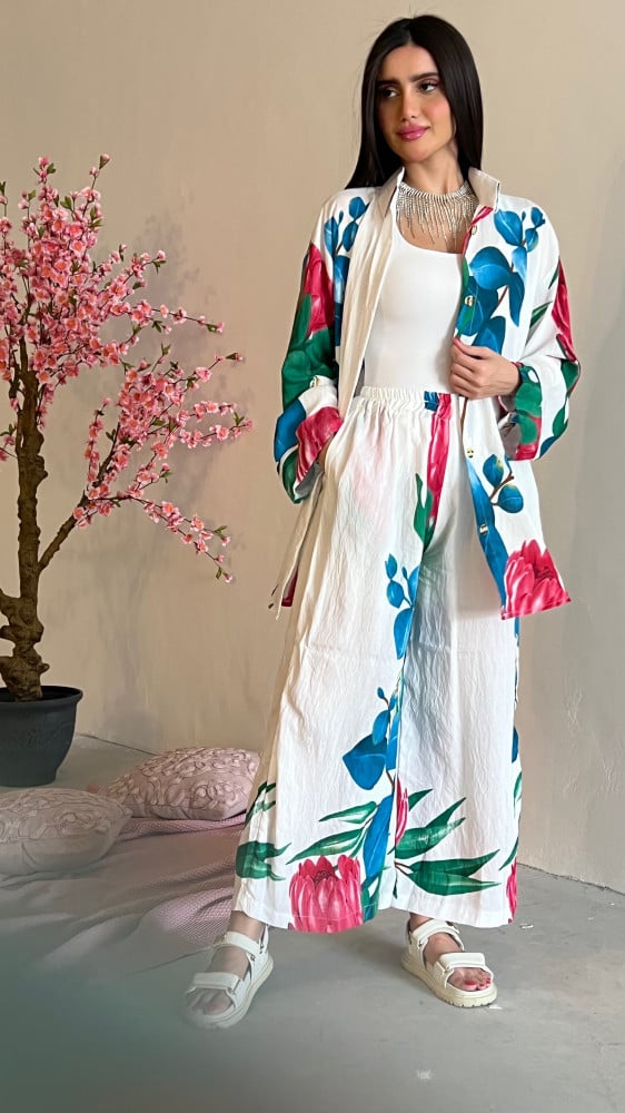 A loose, light, and cool summer set in white with floral print linen.