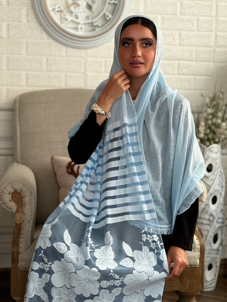 طرحة سماوي لينن خفيفه وباردة مطرزة بالخيوط رقم 15